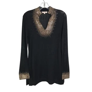 Tory Burch Tunic Top Womens Sz XS 41133628 Black Gold Detail V-neck Long Sleeve - Picture 1 of 10
