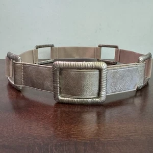 Chico’s Metallic Gold Leder Beige Stretch Rechteck Schnalle Mode Gürtel Größe L - Bild 1 von 11