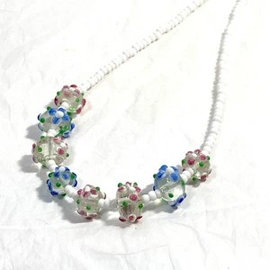 VINTAGE White Glass Bead NECKLACE Lampwork FLOWER BEADS Toggle 19" - Picture 1 of 9