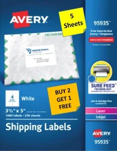 [5 Hojas] Etiquetas de envío Avery 95935/8168/5168 blanco 3-1/2"" x 5"" B2G1 - Imagen 1 de 1