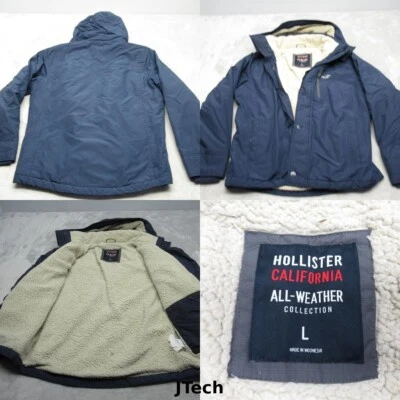 Hollister Jacket Womens? Large Blue Sherpa Lined Snap Zip Hooded Ripstop READ - Image 1 of 4