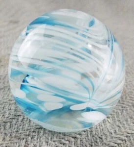 Joe Rice blue and white swirl Glass Paperweight - Picture 1 of 5