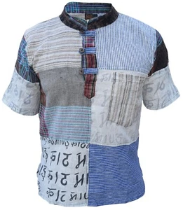 Herren Kathmandu bedruckt Patchwork Opa Kurzarm Festival Kurta Shirt Oberteil - Bild 1 von 4