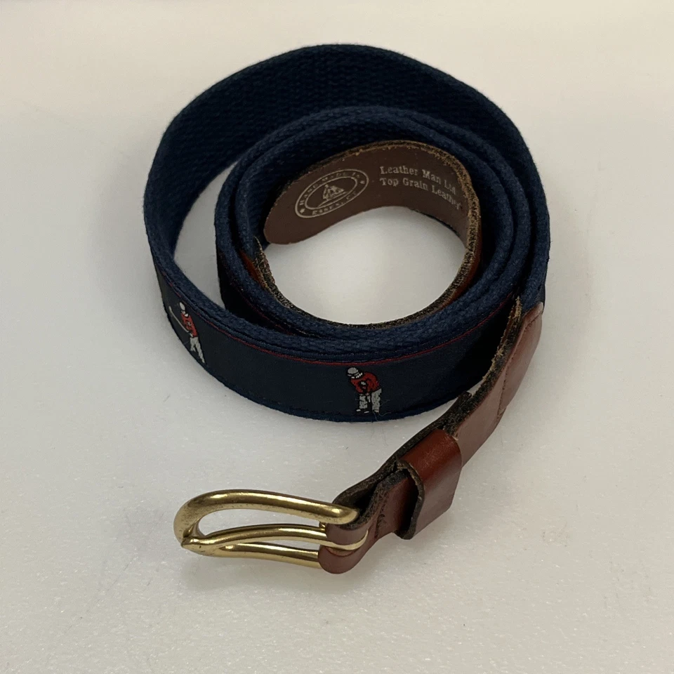 Leather Man Belt Men 36 Golf Ribbon Cotton Web Brown Leather Essex CT USA Made - Image 1 of 4