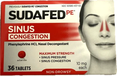 Sudafed PE Max Strength противоотечные таблетки для синусов без сонливости, 36 штук срок годности 9/26 - Изображение 1 из 2