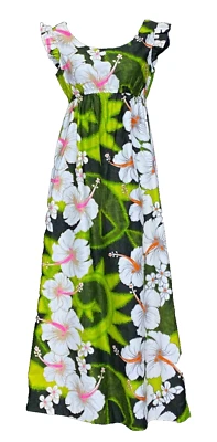 Vintage 1960s green Hawaiian dress, floral reptile flutter maxi cotton summer S - Image 1 of 4