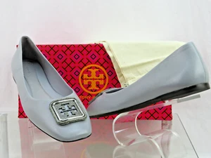 NIB TORY BURCH GEORGIA BAY GRAY GOAT LEATHER LOGO GRYSTALS REVA FLATS 8.5 - Picture 1 of 13