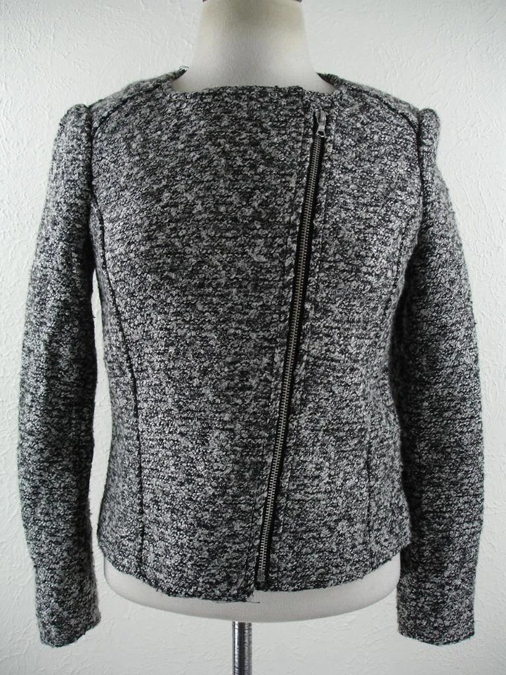 Women's 8 H&M Black Gray Nubby Tweed Suit Jacket Blazer Spot Coat Full-Zip Moto - Image 1 of 4