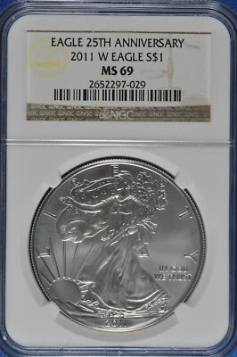 2011 W Burnished 1 OZ Silver American Eagle NGC MS 69 25th Anniversary - Image 1 of 2