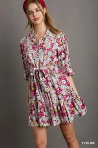 Umgee Pink Floral Print A-Line Collared Dress w/ Contrast Piping, Waist Belt Tie - Picture 1 of 4