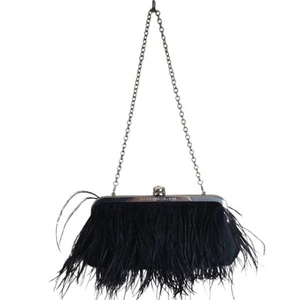 BCBG Max Azria Womens Satin Feather Trim Shoulder Handbag Black Cocktail Bag - Picture 1 of 11