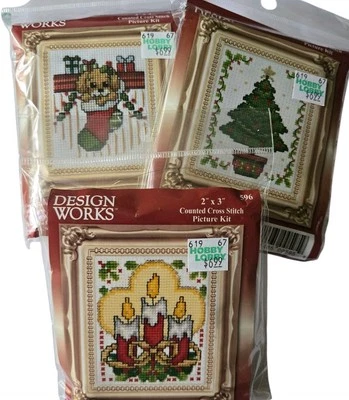 Design Works Christmas Counted Cross Stitch Kits w/ Frames 2"X3" Lot of 3 - Image 1 of 4