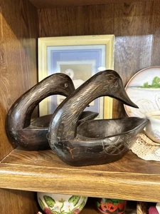 Vintage Hand Carved Duck Goose Wooden Bowl Dish x2 Trinket Candy Handmade - Picture 1 of 5