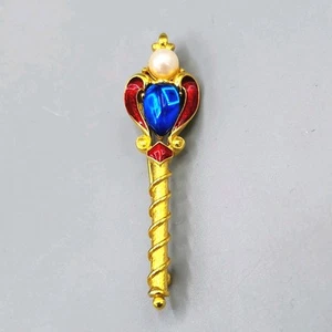 Trifari TM Blue Jelly Cab Red Enamel Faux Pearl Gold Tone Scepter Brooch - Picture 1 of 11