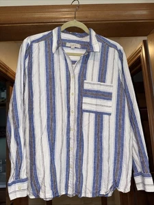 Ann Taylor Loft Top Womens XL Blue White Stripe Linen Button Up Beachy Casual - Picture 1 of 5