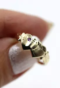 Size N 1/2 9k 9ct Yellow Gold 375 Amethyst Double Heart Signet Ring - Picture 1 of 4