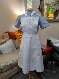 1960s Nurse Uniform Striped Blue Dress Short Sleeve, White Apron Collar  - Picture 1 of 13
