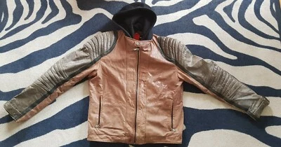 OFFSET Lederjacke NP zirka 500 € Biker Hoodie Vintage Look Braun, Gr L Kapuze  - Bild 1 von 4