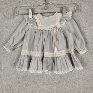 Vintage Bryan Baby Dress 0-3 Months Gray Lace Pink Ribbon Made USA Long Sleeve - Picture 1 of 9