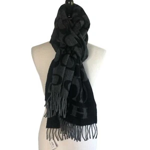 Coach Black & Dark Gray Signature Monogrammed Scarf w/ Fringe Details, NWT! - Picture 1 of 3