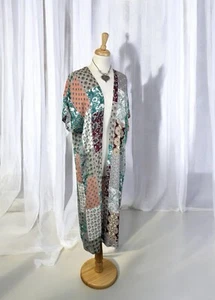 Boho Open Front Duster Cardigan Multicolor Rayon Ethnic Artsy Gypsy Size Large - Picture 1 of 9