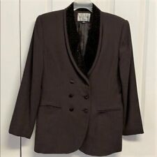 Vintage Le Suit Brown Black Velvet Animal Print Collar Pocket Long Blazer 10P