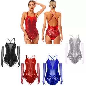Mujeres Baile Tango Ropa de Baile Rendimiento Body Latino Lentejuelas Borla Cóctel - Imagen 1 de 56