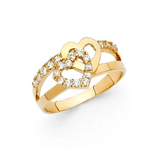 Echt 14K Gelbgold Damen Zirkonia ineinandergreifendes Herz Mode Ring - Bild 1 von 19