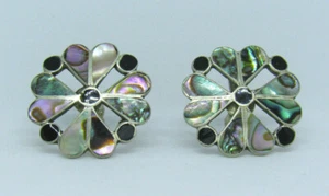 VTG 1960s SIGNED AR STERLING SILVER & NATURAL ABALONE SHELL EARRINGS 1" WIDE - Picture 1 of 11