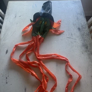 Vintage Halloween Windsock 3D Witch Hat Large Nose Green & Orange Nylon - Picture 1 of 5