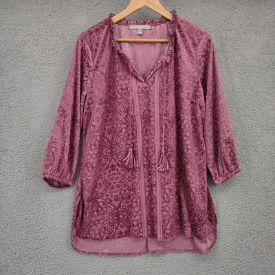 Top mujer Valerie Stevens 1X rosa floral terciopelo burnout manga 3/4 cuello en V volantes Foto 1 de 4