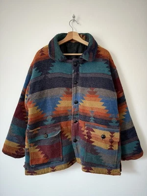 Vintage Wool Blend Navajo Southwestern Aztec Chore Barn Blanket Jacket Large  - Image 1 of 4