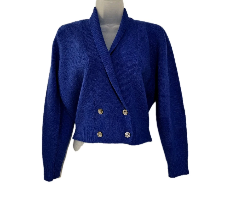 Vintage 80s BLUE Angora Wool Cardigan Sweater Lord & Taylor 8 Petite  - Image 1 of 4