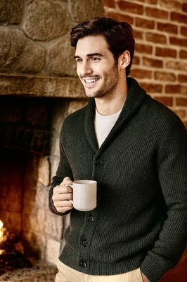 Zara Hombre Tejido Cárdigan Suéter Cuello Concha Gris Oscuro Mar L Grandpa Academia Foto 1 de 4