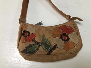 Vintage Womens Girls Tan Faux Suede Floral Applique Hobo Purse Handbag - Picture 1 of 5