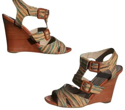 Donald Pliner Couture Leather Hand Painted Cork Wedge Shoe Strappy $395 Sz 8.5 - Imagem 1 de 4
