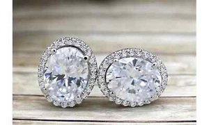 18k White Gold Plated Oval Cut Halo Stud Earrings Made With Swarovski Elements - Picture 1 of 6