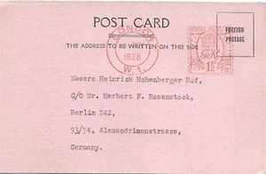 GB 1928 Selfridge & Co P/S Card with London W1 1.1/2d Meter Marking to Berlin - Picture 1 of 2
