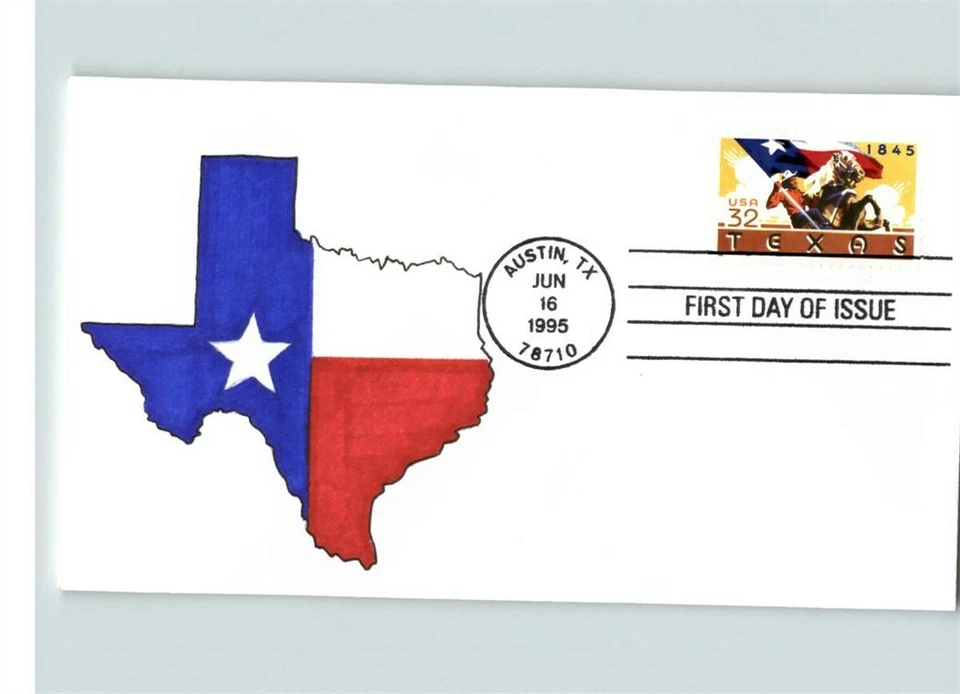 TEXAS State, 1995 Hand Painted First Day of Issue pic red, white & blue, # 1 of  - Image 1 of 1