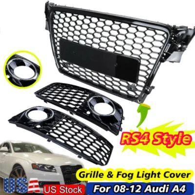 For Audi A4 S4 RS4 B8 Front Henycomb grille Bumper Grill +fog lamp cover 09-12 - Image 1 of 4
