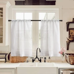 Rustic White Linen Kitchen Curtains 24" Semi-Sheer Short Cafe Tiers, 2 Panels - Picture 1 of 13
