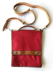 Lancel Made in France Unisex Red Canvas/Tan Leather Shoulder Strap Briefcase - Picture 1 of 15