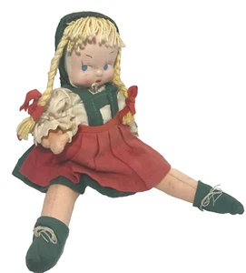 Vintage Doll 9 in. Painted Face Cloth Body Blonde Yarn Braids Red Green Outfit - Picture 1 of 6