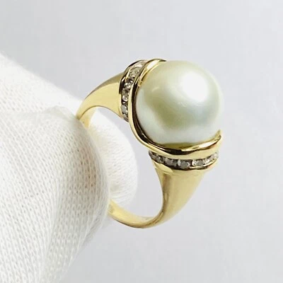 14K Yellow Gold 11mm Silver Pearl 0.42ctw Diamond Accents Size 6.75 Ring 8.6g - Image 1 of 4