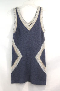 INC Long Tunic Knit Tank Top Womens size M Navy Blue Gold Trim V Neck and Back - Picture 1 of 6