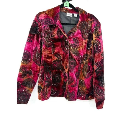 Chaqueta Blazer Chico's Talla 3 Terciopelo Burnout Floral Paisley Negra Fiesta Carrera Foto 1 de 4