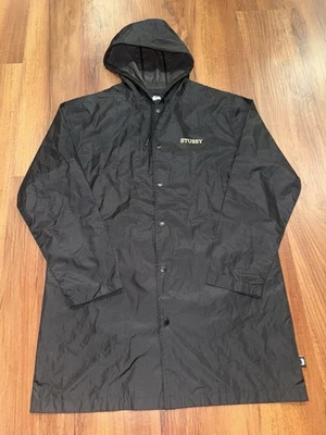 Stussy Jacket Mens Small Black Long Coach Hooded Rain Coat Big Logo - Image 1 of 4