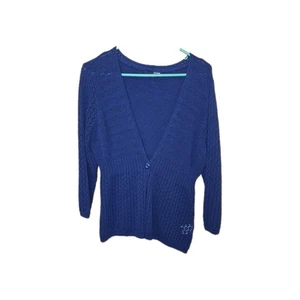 Basic Editions Women's Pointelle Knit Cardigan Sweater Navy Blue Single Button  - Picture 1 of 5