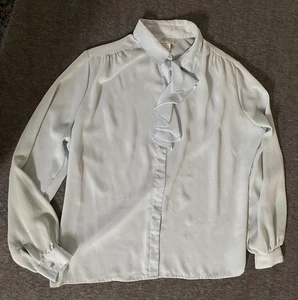 Vintage Alicia Blouse Womens 18 Light Blue Ruffle Front Long Sleeve Made USA 80s - Picture 1 of 10