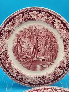 Homer Laughlin Currier & Ives Home Sweet Home Dinner Plates Red/White set of 4 - Picture 1 of 3